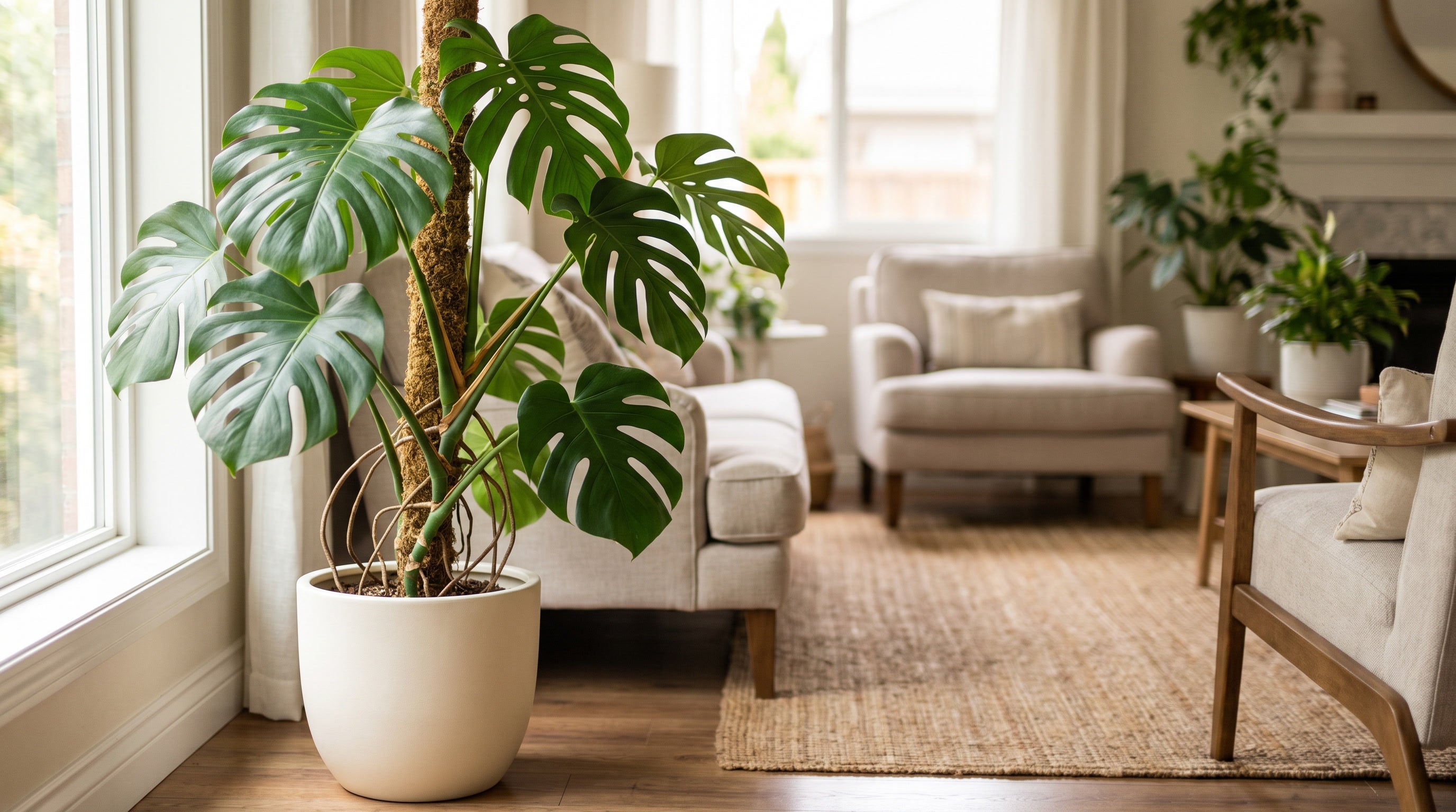 Monstera grimpant sur un tuteur en mousse, avec des racines aériennes qui s'y accrochent.