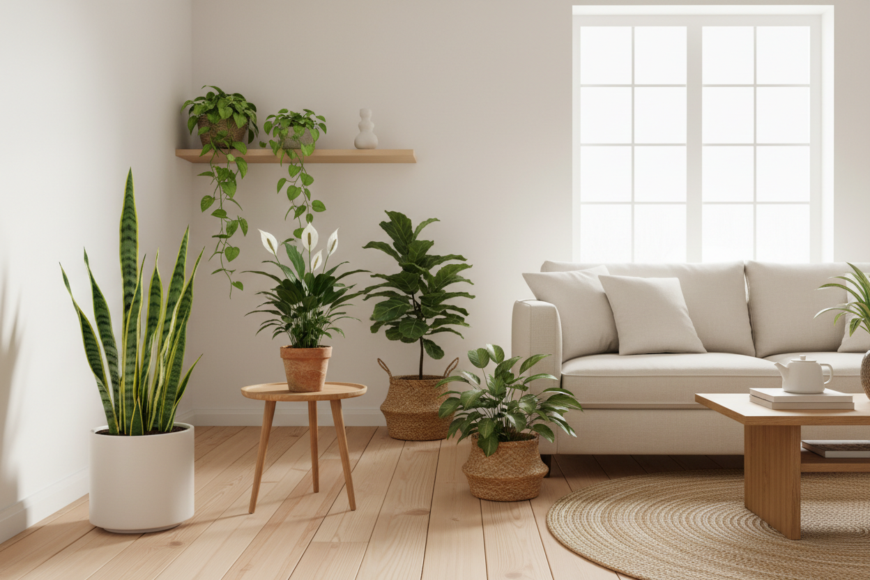 Sansevieria, Spathiphyllum et Pothos — plantes purifiantes dans un salon lumineux et épuré
