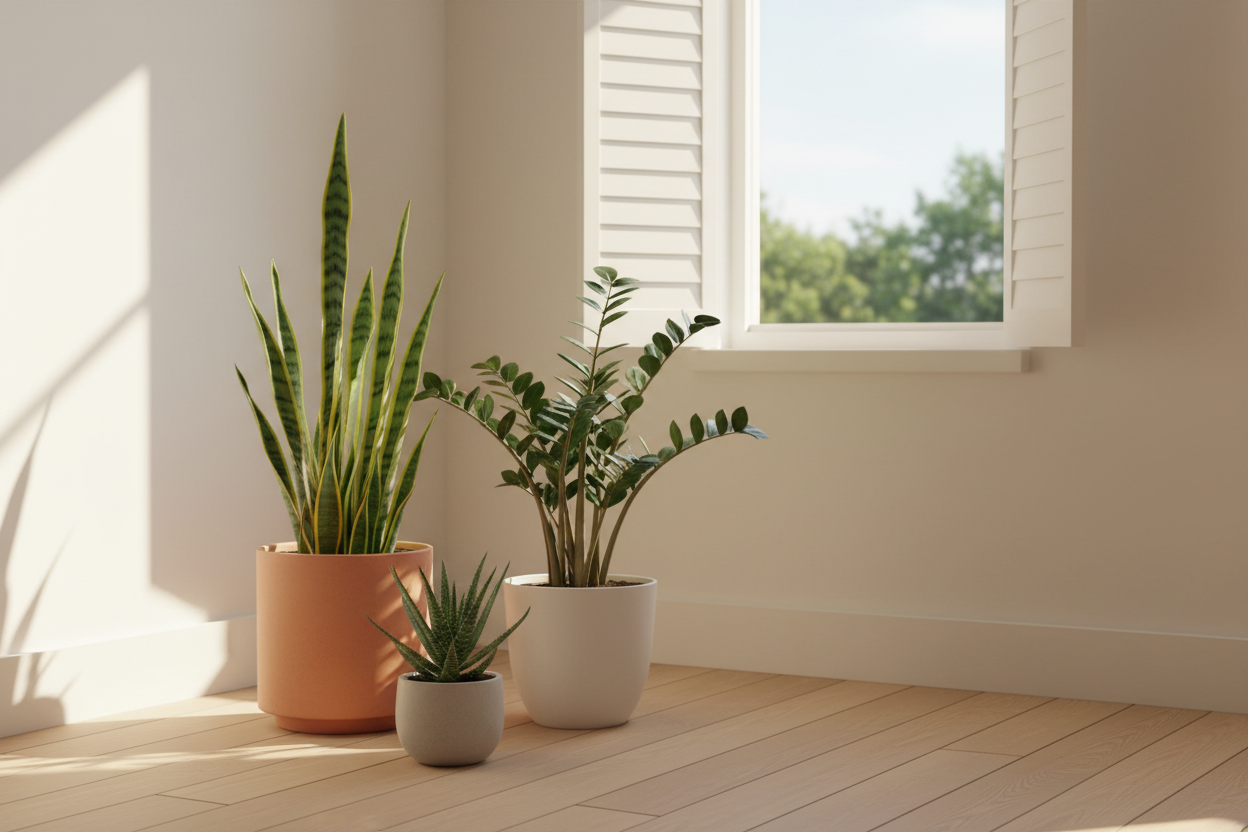 Sansevieria, Zamioculcas et Aloe vera regroupés près d'une fenêtre aux volets mi-clos, prêts pour les vacances