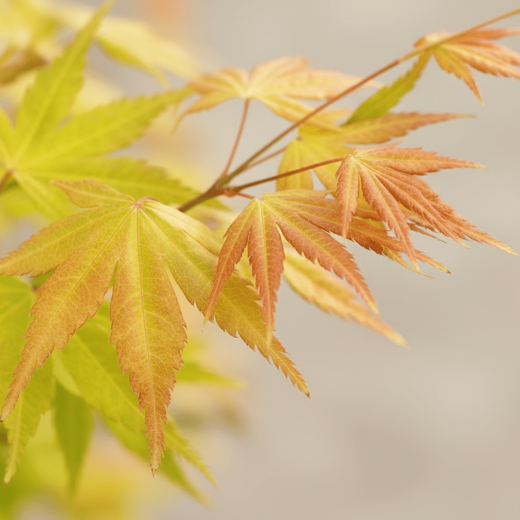 Nærbillede af de orange blade på Acer palmatum Orange Dream (gylden japansk ahorn)