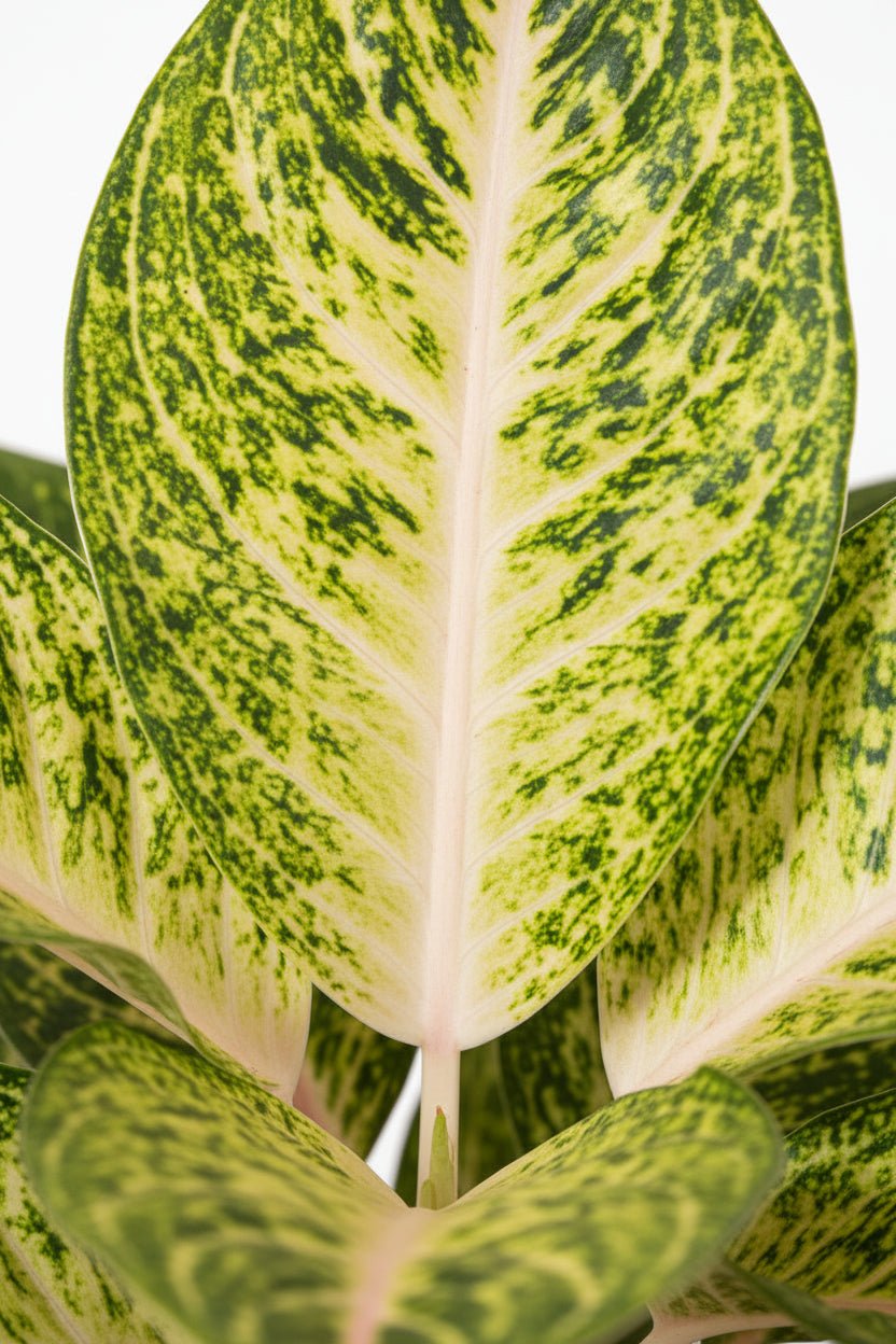 primer plano de las hojas del Aglaonema Spring Red, planta china