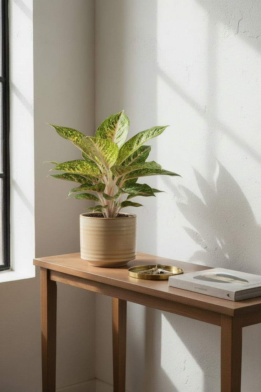 Aglaonema Spring Red, planta xinesa situada a prop de la finestra sobre una consola de fusta
