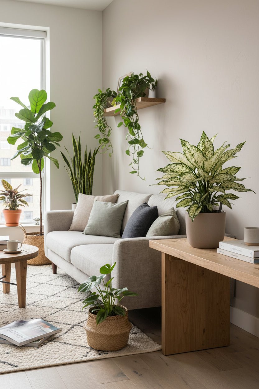 Aglaonema White Kiwi — Pianta cinese in un soggiorno circondata da altre piante