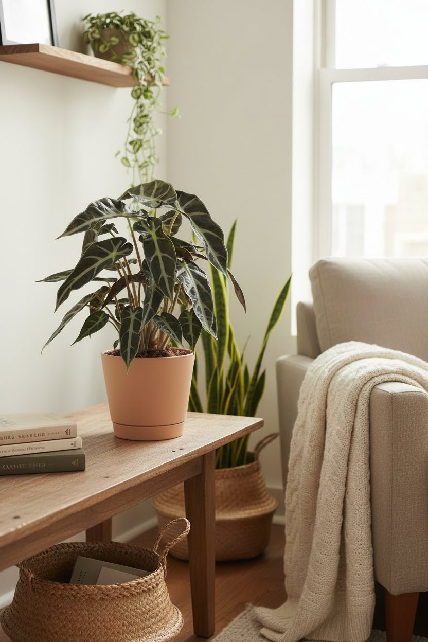 Alocasia Bambino Arrow — Oreja de elefante en una sala sobre un mueble de madera