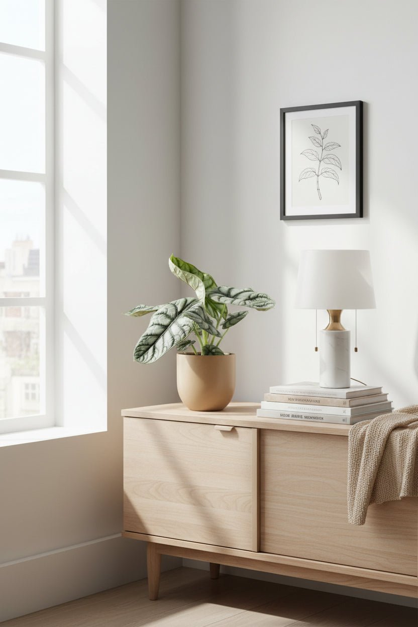 Alocasia Nebula Silver Compacta placed near the window on a wooden piece of furniture