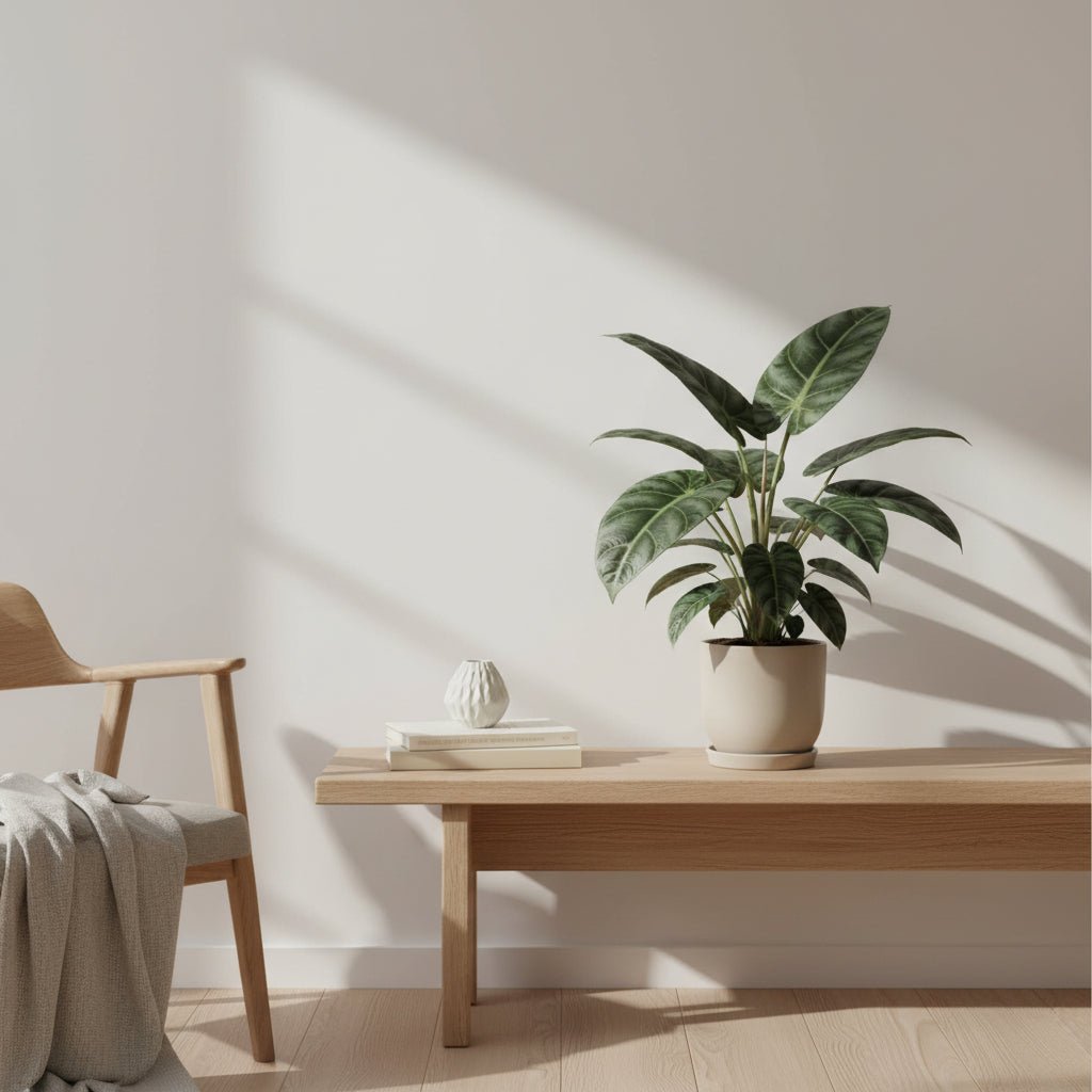 Mature Alocasia Nebula Silver Compacta on a bench in front of a white wall