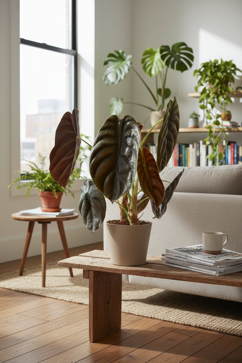 Alocasia Red Secret ook in de woonkamer achter de bank geplaatst