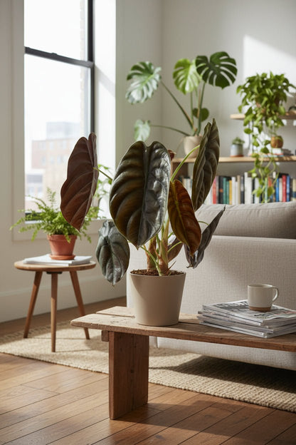 Alocasia Red Secret also placed in the living room behind the sofa