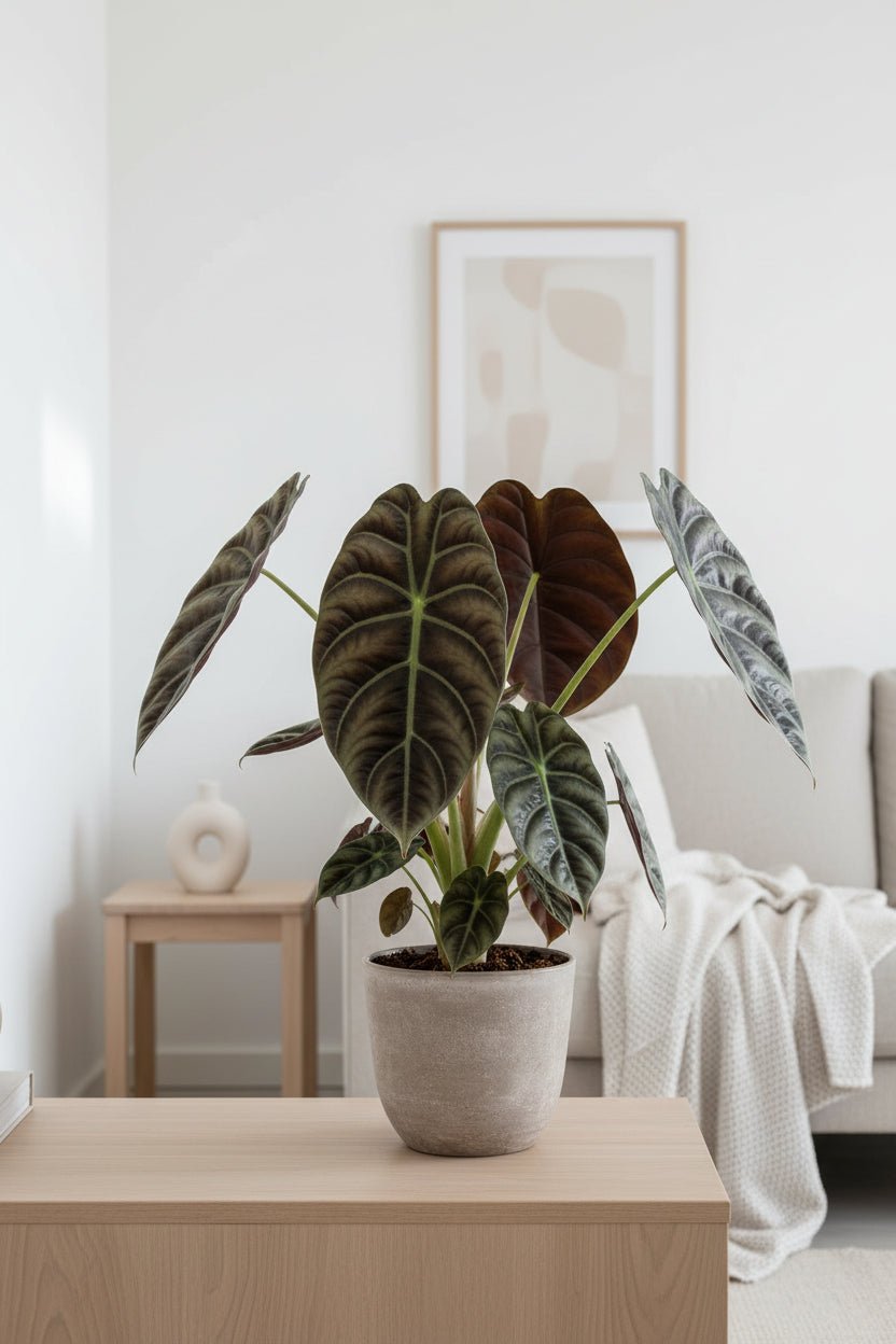 Alocasia Red Secret, ook wel Olifantsoor genoemd, staat op een meubel in de woonkamer