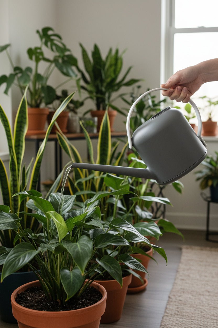 Arrosoir 1.7L Elho — Gris avec plein de plantes autours