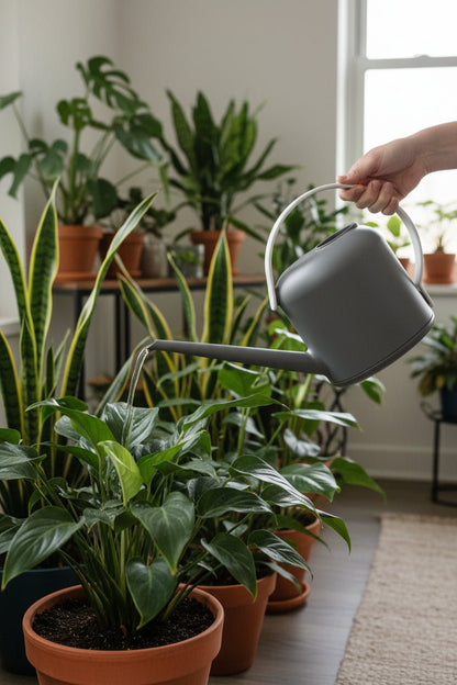 Arrosoir 1.7L Elho — Gris avec plein de plantes autours