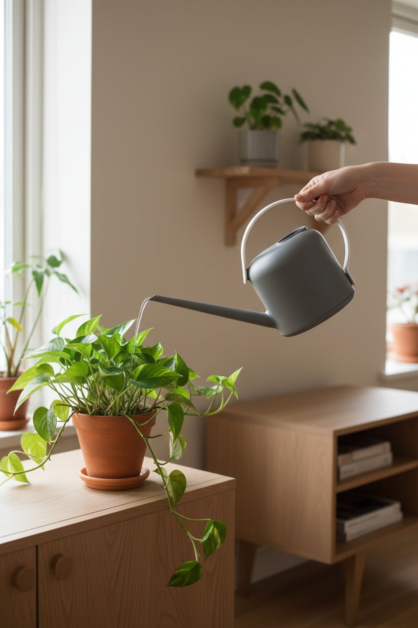 Arrosoir 1.7L Elho — Gris avec une plante dans un salon