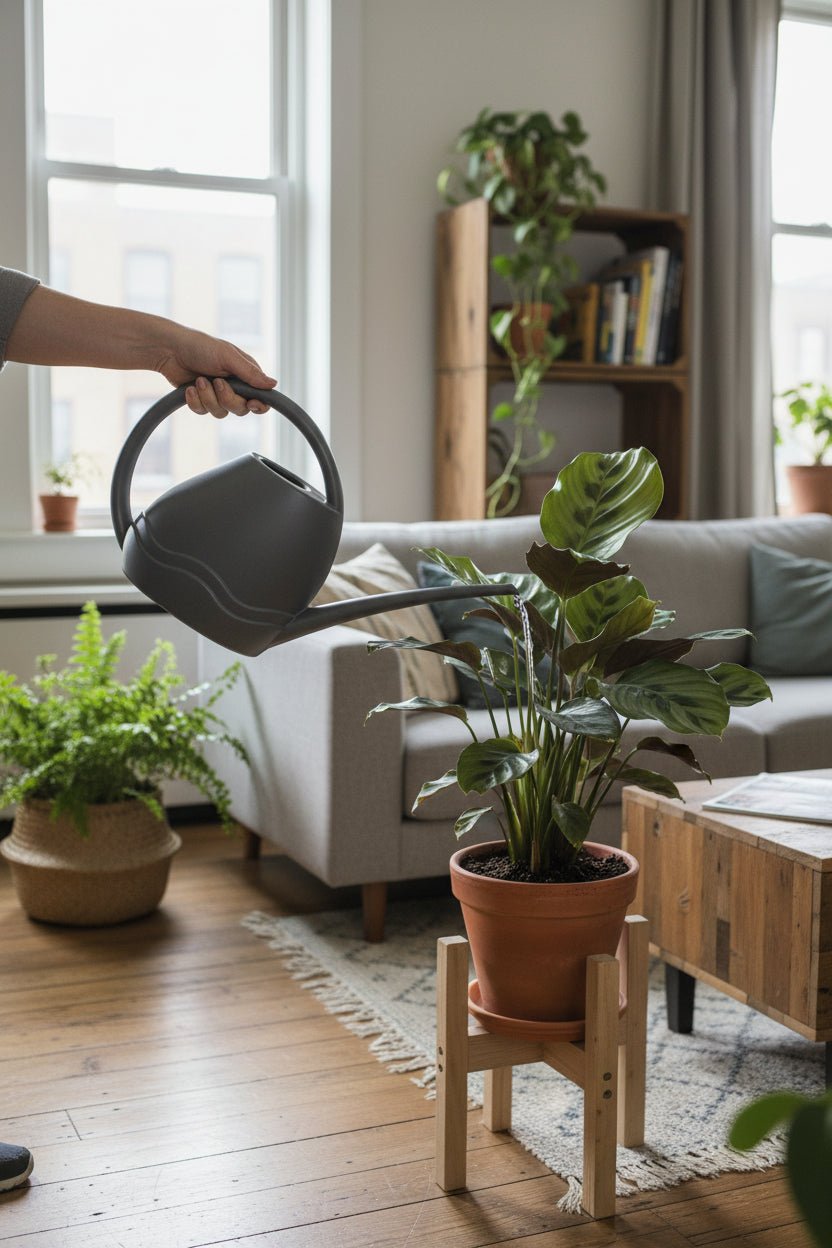Arrosoir 3.5L Elho — Gris avec des plantes autours dans un salon