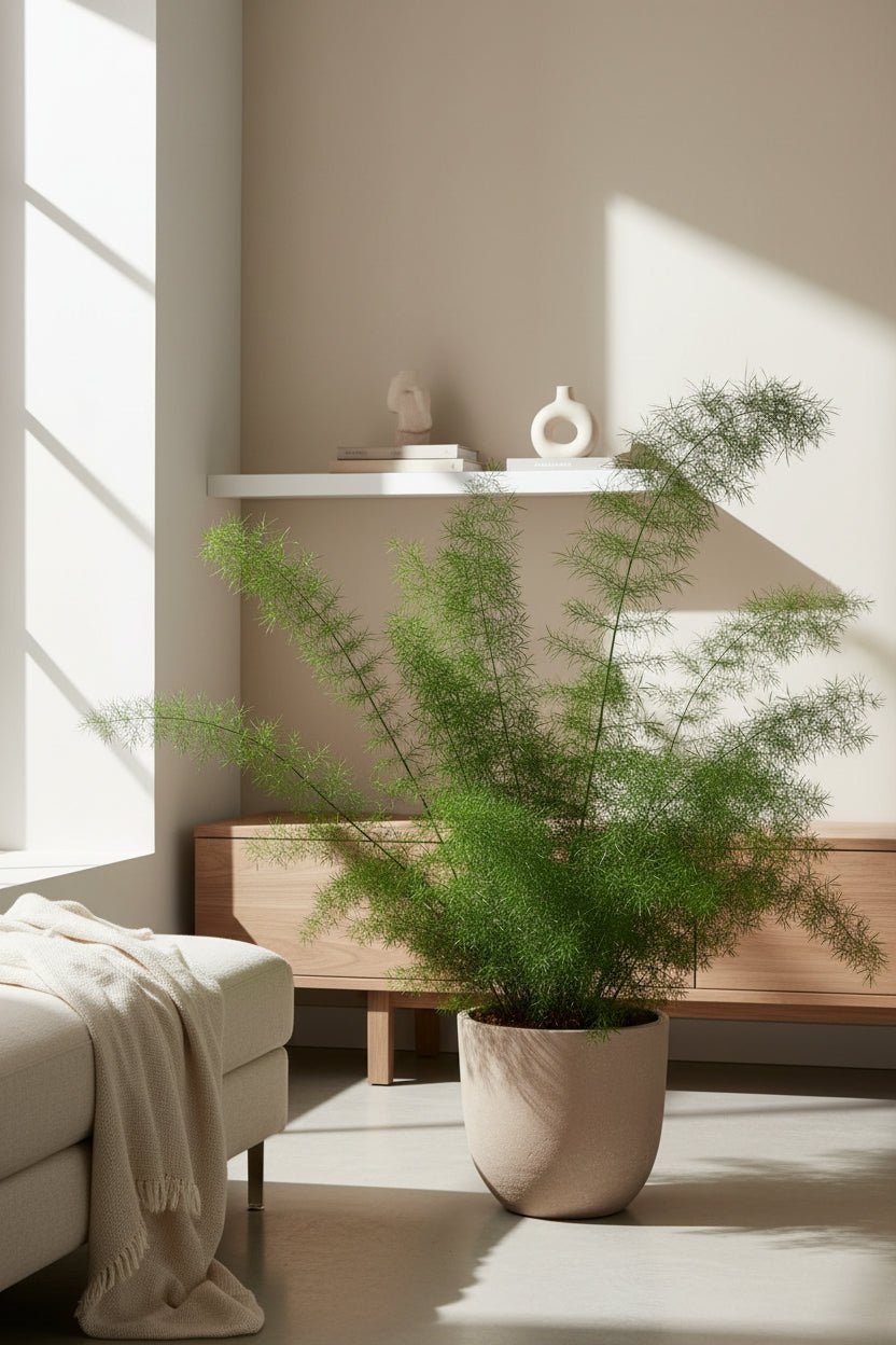 Grande Asparagus Densiflorus Meyers colocado en el suelo cerca de la ventana