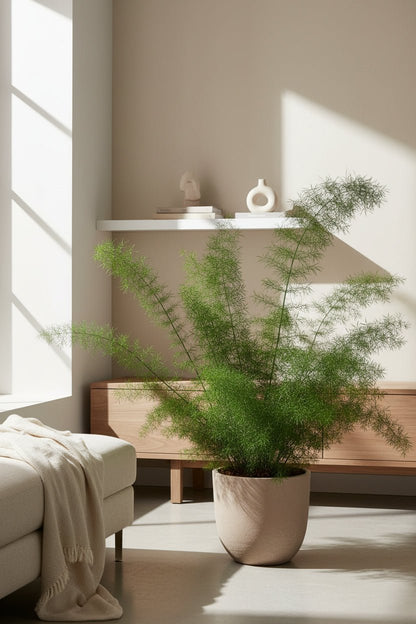 Grande Asparagus Densiflorus Meyers colocado en el suelo cerca de la ventana