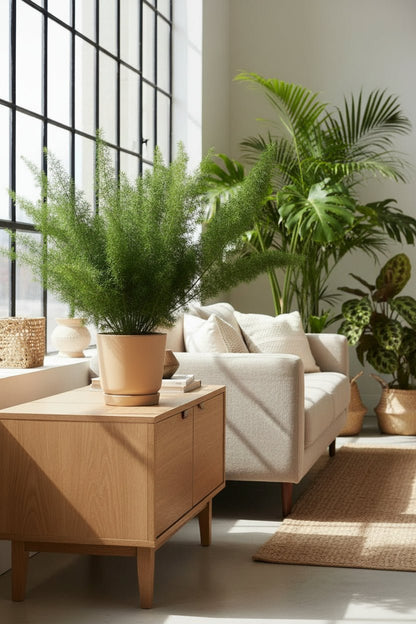 Asparagus Densiflorus Meyers cerca de la ventana sobre un mueble de madera en la sala