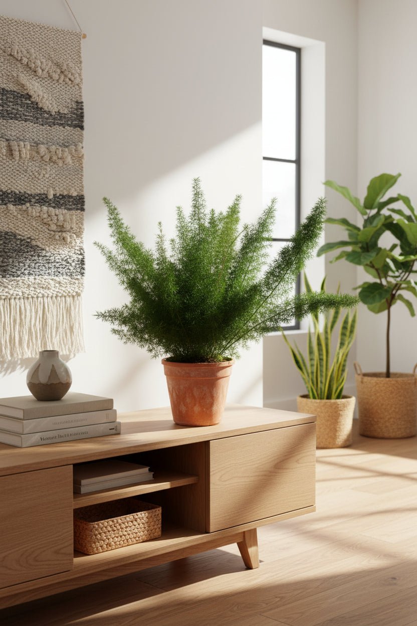 Asparagus Densiflorus Meyers on low wooden furniture in a sunny living room