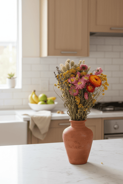 Ramo campestre assecat de tons multicolors en una bonica testera en una cuina lluminosa