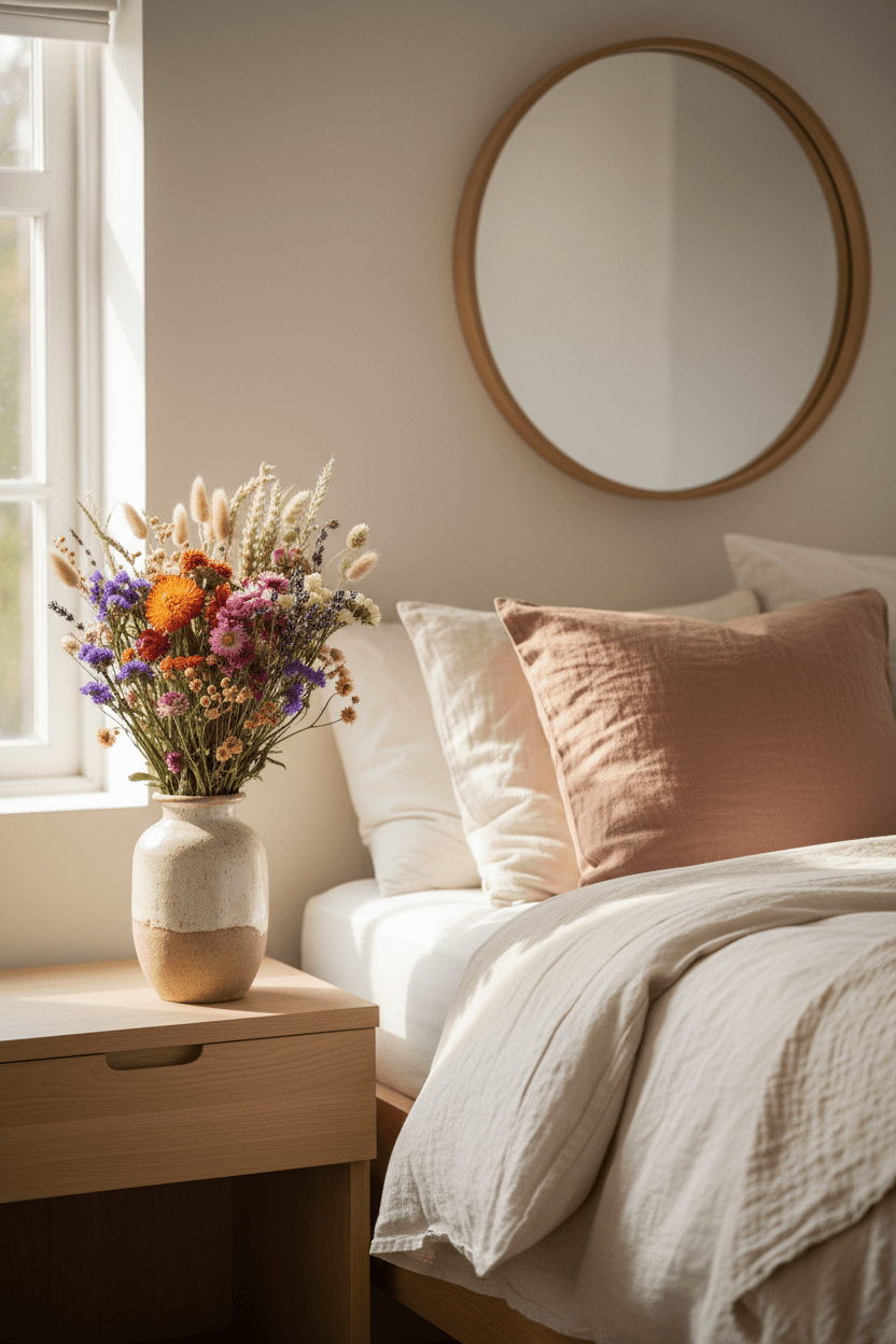 Ramo campestre assecat amb tons multicolors sobre la tauleta de nit a l&