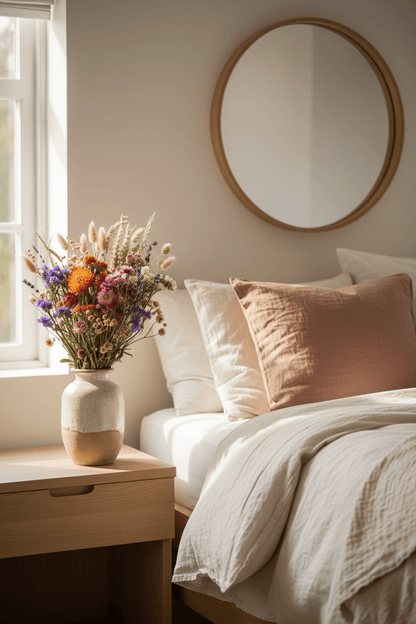 Ramo campestre assecat amb tons multicolors sobre la tauleta de nit a l&