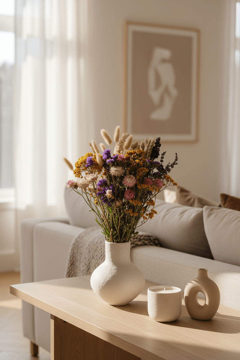 Ramo campestre sec multicolor darrere del sofà a la sala d&