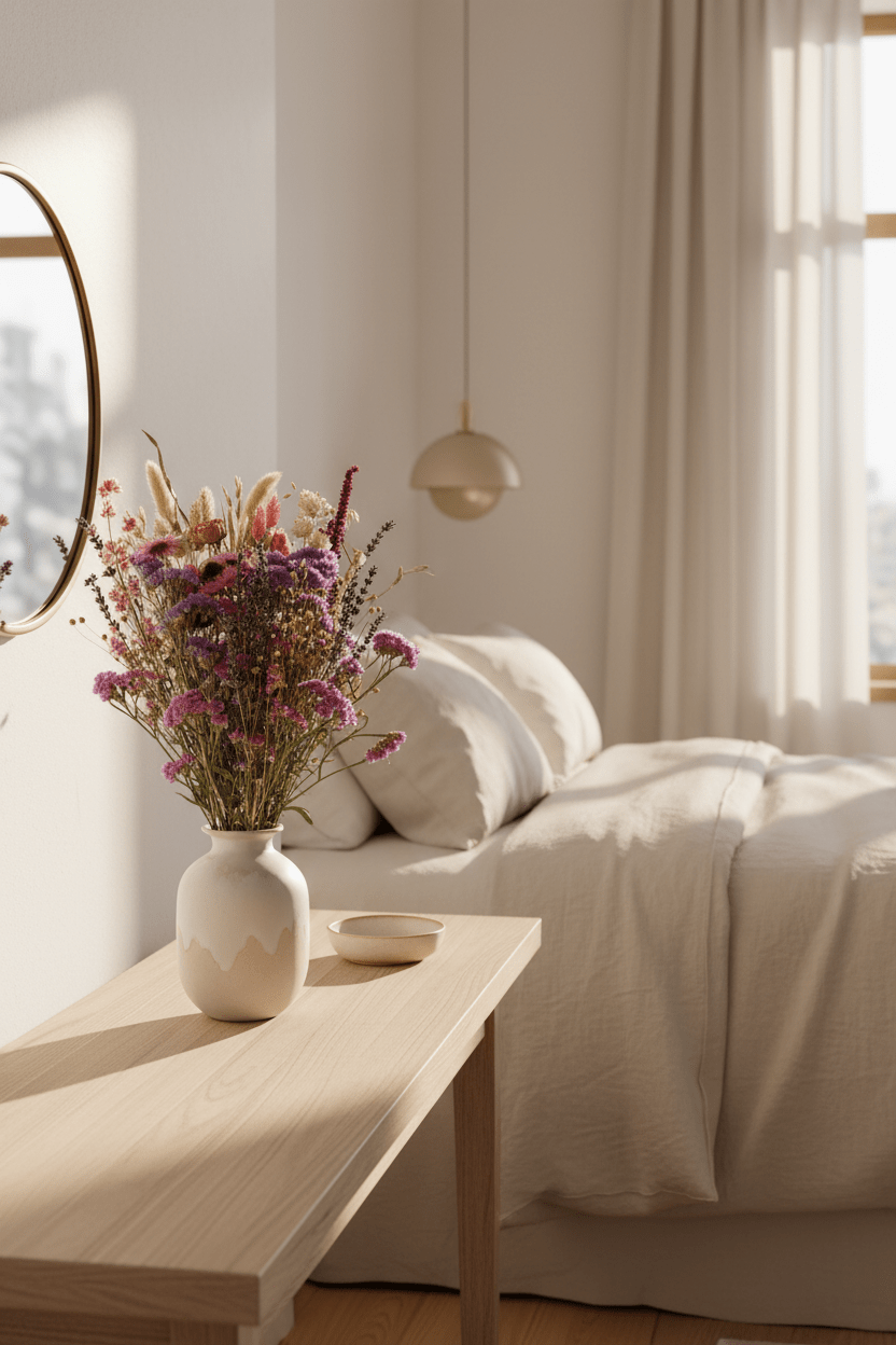 Ramo campestre sec en tons rosats en un bonic gerro sobre una consola en una habitació lluminosa