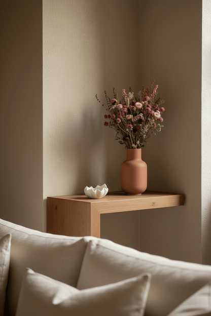 Ramo campestre assecat en tons rosats sobre una prestatgeria en un racó del saló