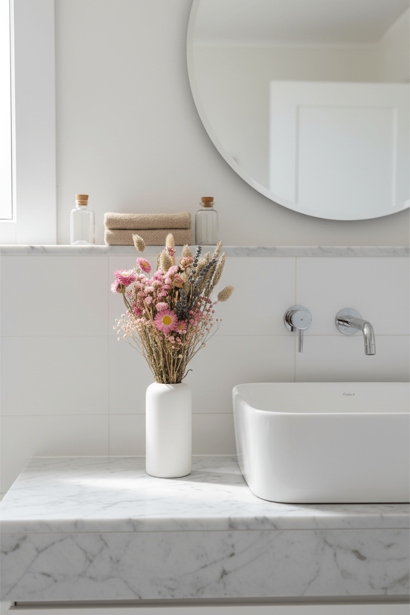 Ramo campestre sec en tons rosats sobre un fons blanc en un gerro blanc en un bany