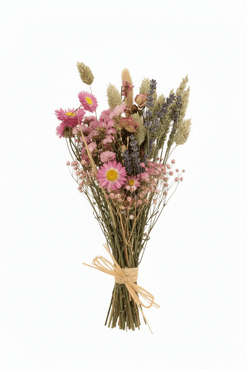 Ramo campestre sec en tons rosats sobre un fons blanc