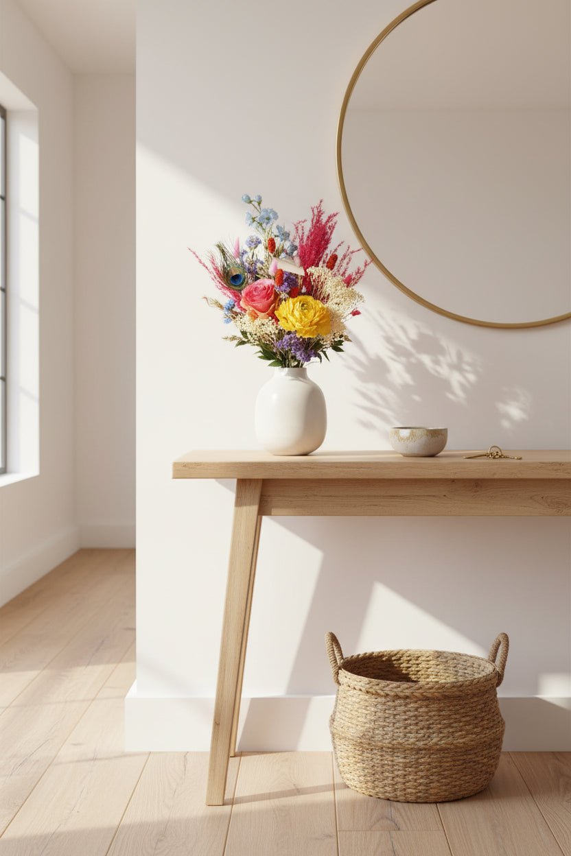 Ramo mixt sec i de seda en un passadís sobre un moble de fusta al costat del mirall