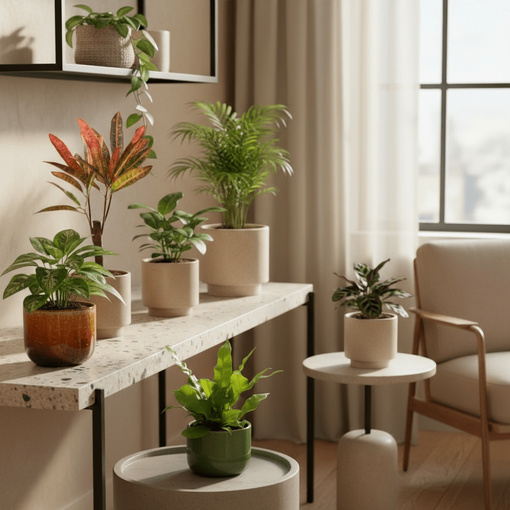 6 mini plantas verdes colocadas en una estantería en una sala de estar