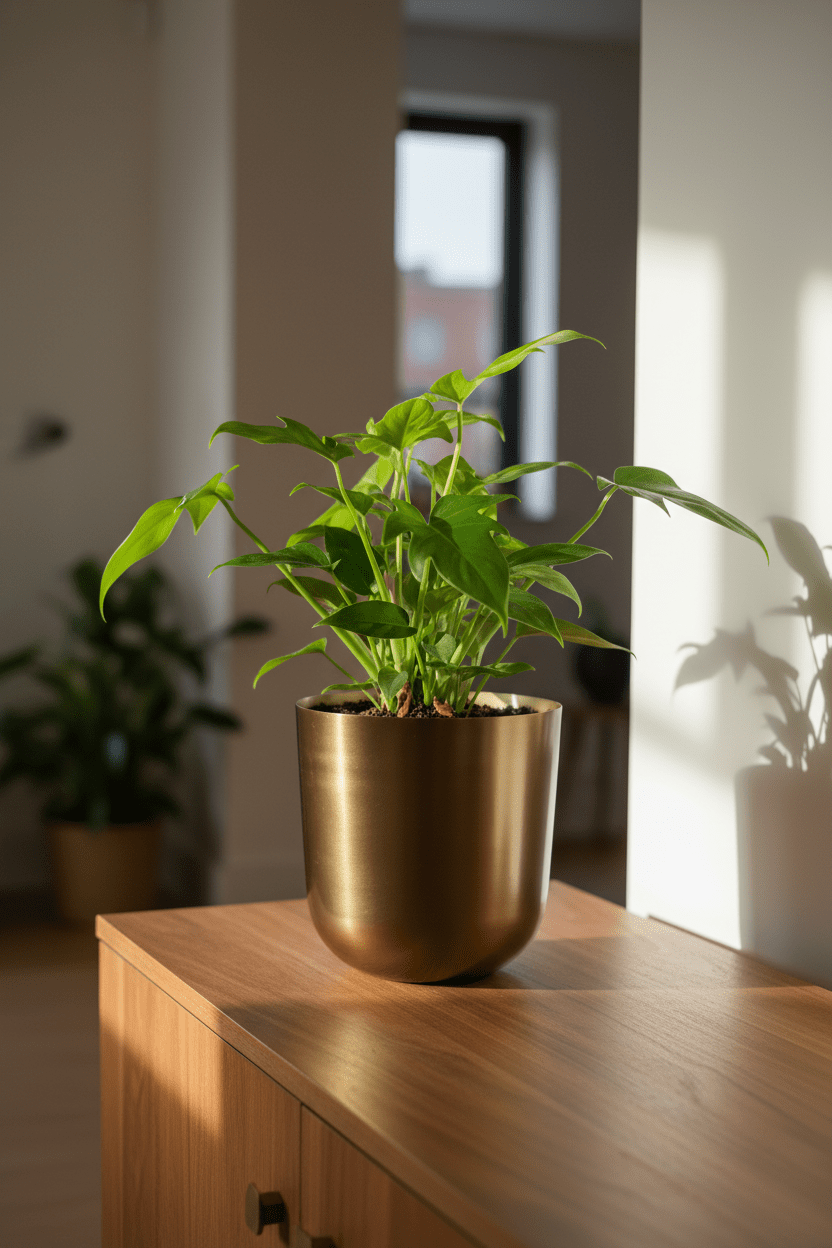 Cubremaceta Mayk dorado colocado en una estantería con una planta dentro