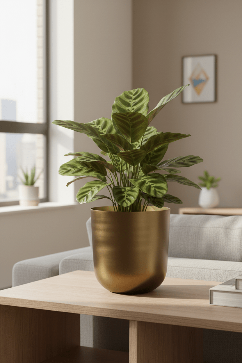 Cubremaceta Mayk dorado colocado en una sala detrás del sofá