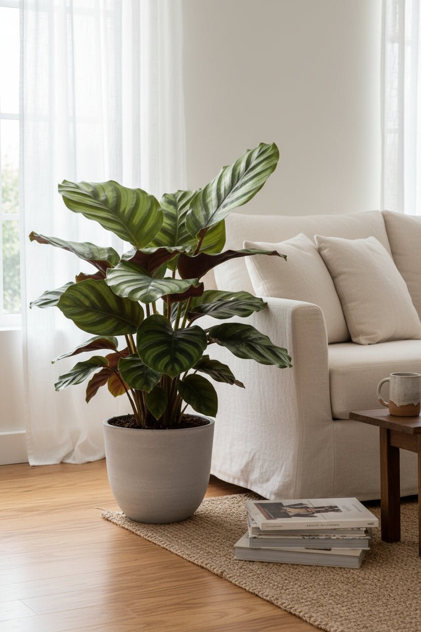 Calathea Fasciata ao lado do sofá na sala de estar