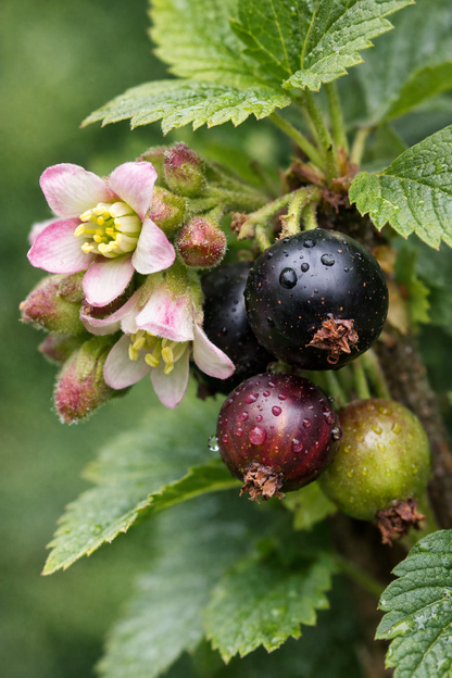 Primer plano de las flores y frutos del Grosellero Negro Little Black Sugar Bio
