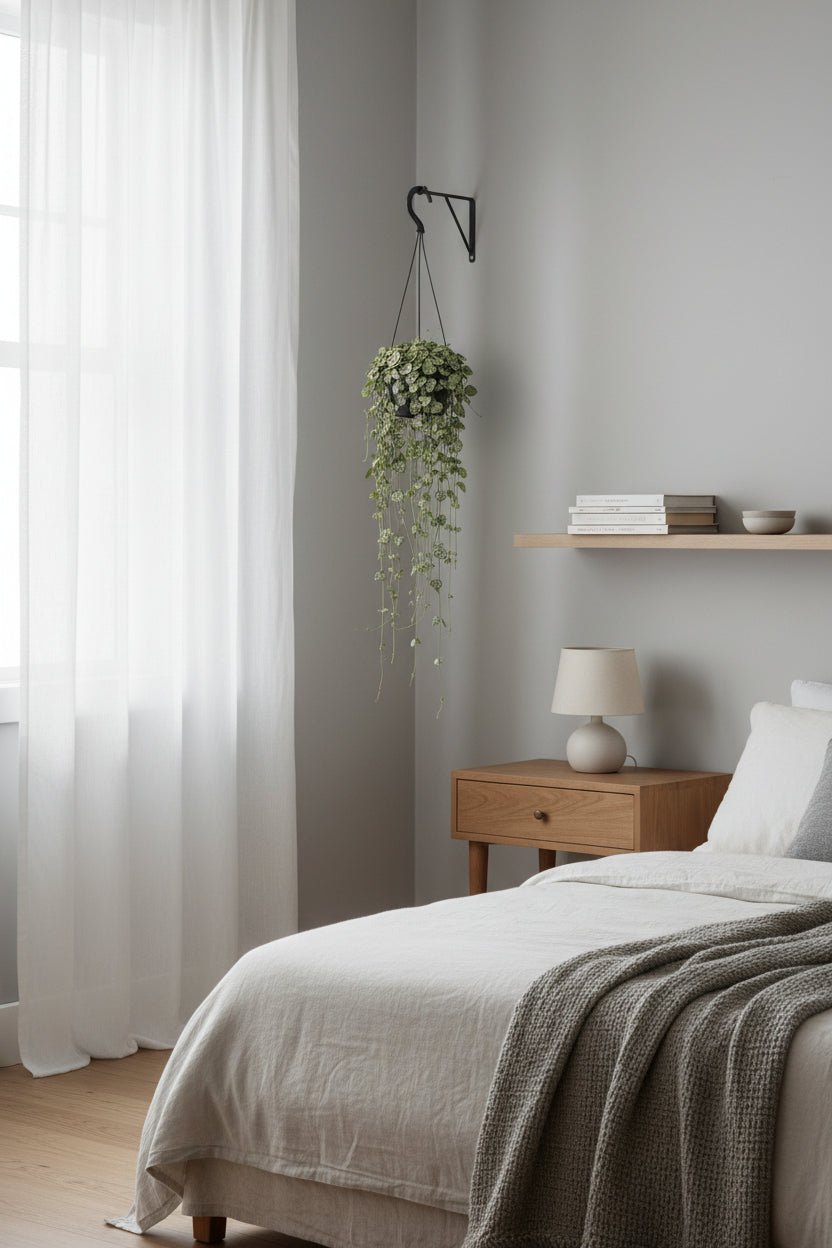 Ceropegia Woodii — Cadena de corazones colgada en el dormitorio junto a la cama