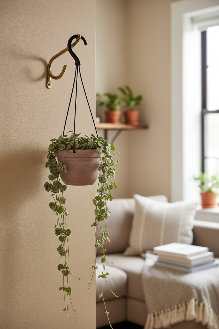 Ceropegia Woodii — Cadena de corazones colgada de un gancho en el salón