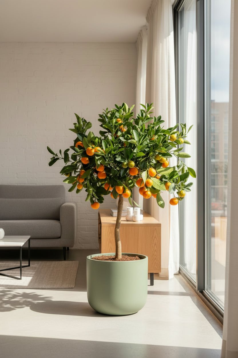 Taronger Calamondin per a pis — cítric en test en un interior contemporani