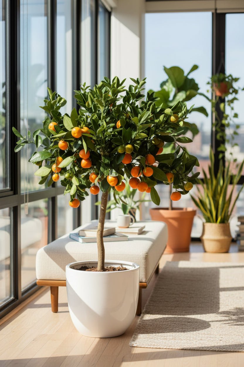 Citrus Calamondin en maceta blanca — naranjo cítrico para apartamento en una sala luminosa