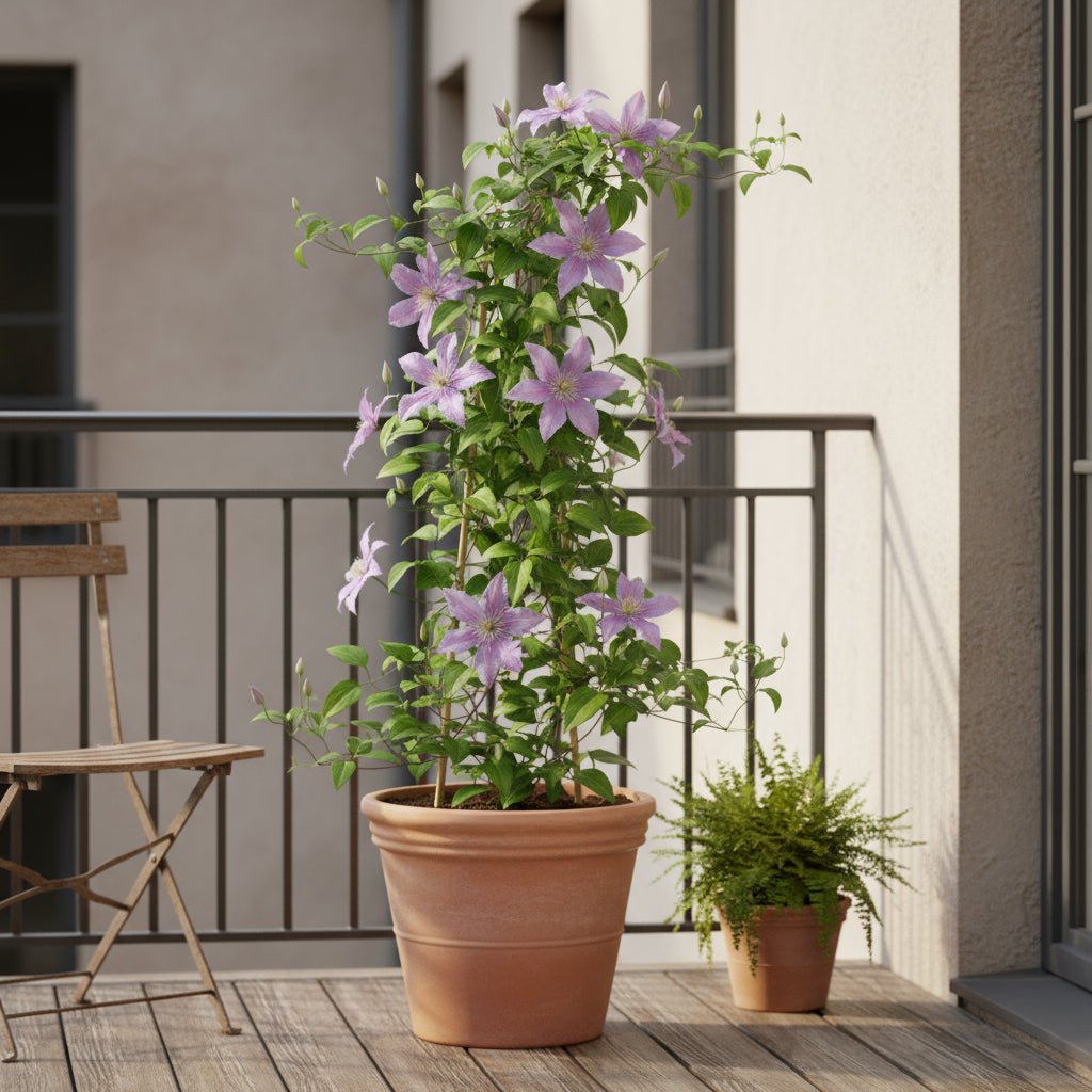 Clematis „Justa“ – lilafarbene großblütige Waldrebe – D15 x H65 cm - Verdeia - 3