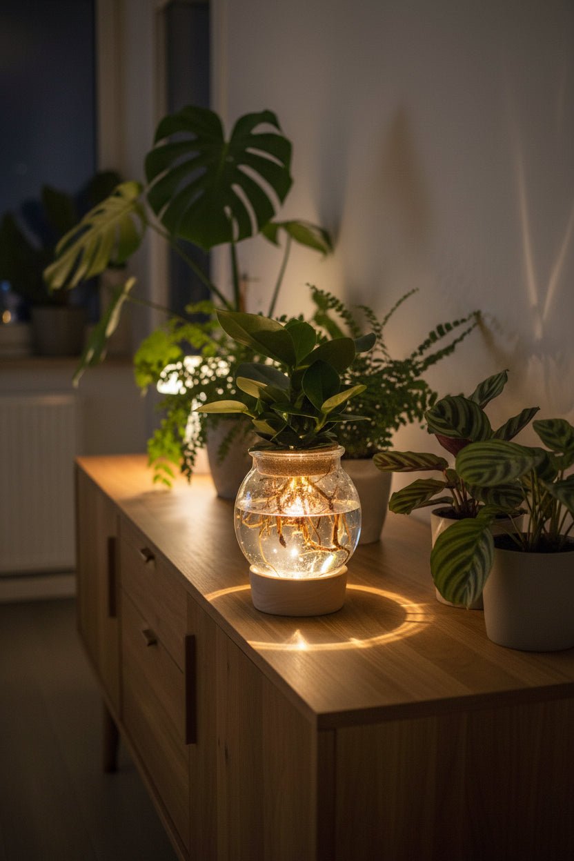 Clusia en jarrón de vidrio + LED — Planta hidropónica — Ø12 cm — H30 cm - Verdeia - 4