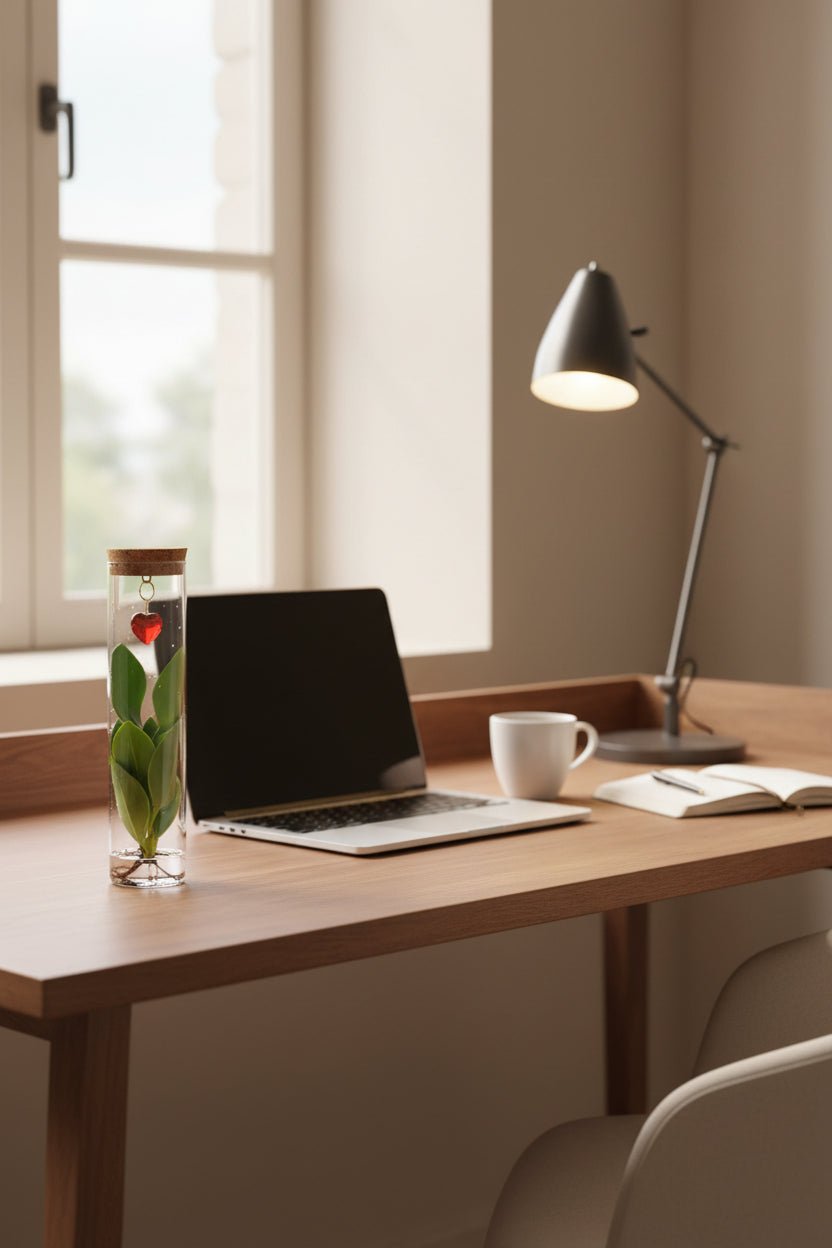 Clusia hydroponique — Tube verre bouchon liège et pendentif cœur - H15 cm | Ø7 cm - Verdeia - 4