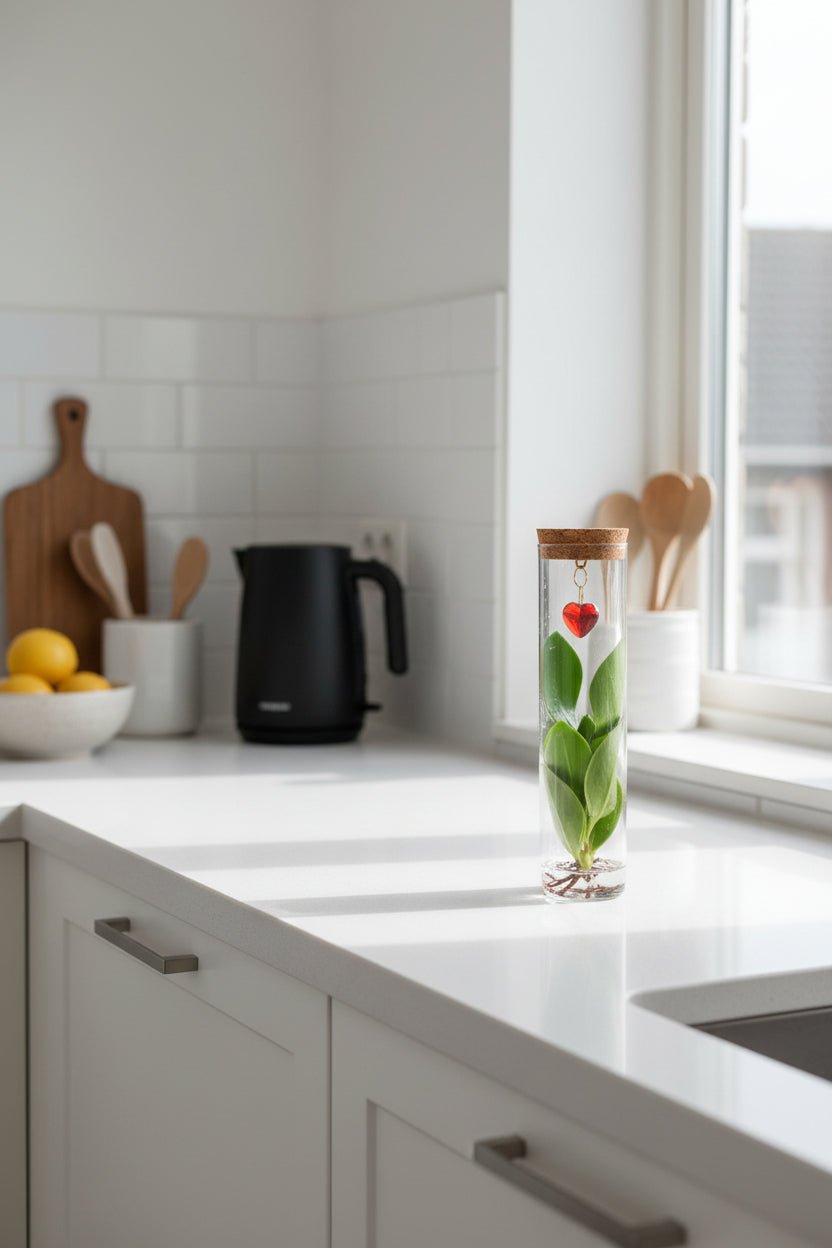 Clusia hydroponique — Tube verre bouchon liège et pendentif cœur - H15 cm | Ø7 cm - Verdeia - 3