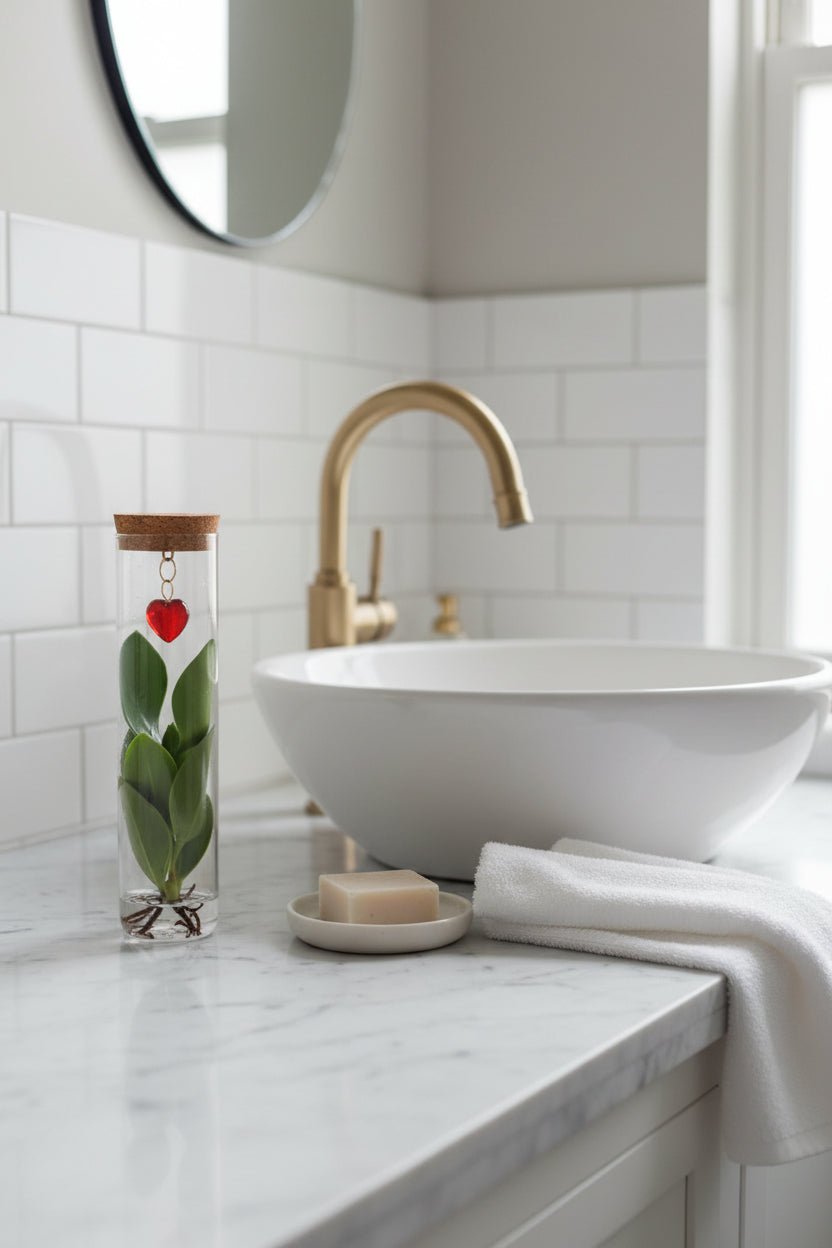 Clusia hydroponique — Tube verre bouchon liège et pendentif cœur - H15 cm | Ø7 cm - Verdeia - 5