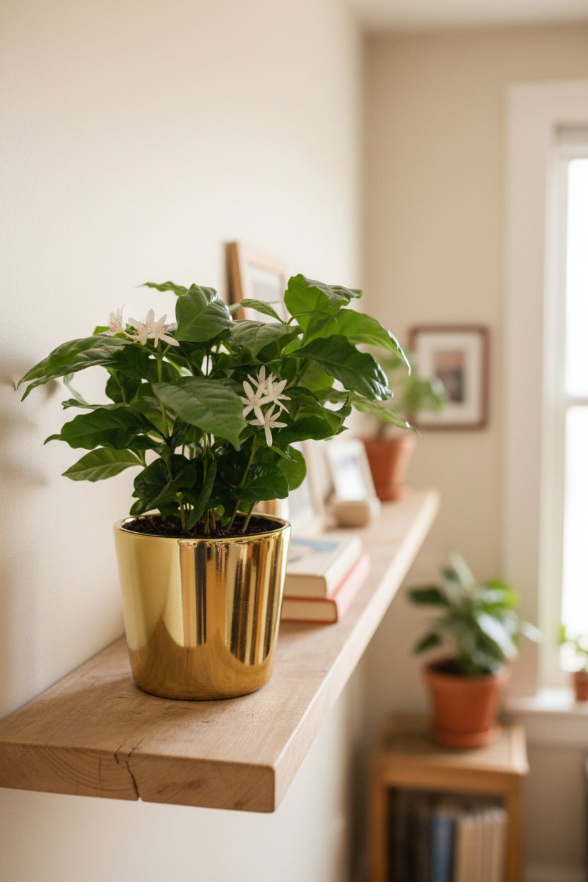 Coffea arabica — Caféplante — Ø12 x H20 cm — Klar til at stille — Guldglaseret keramik - Verdeia - 3