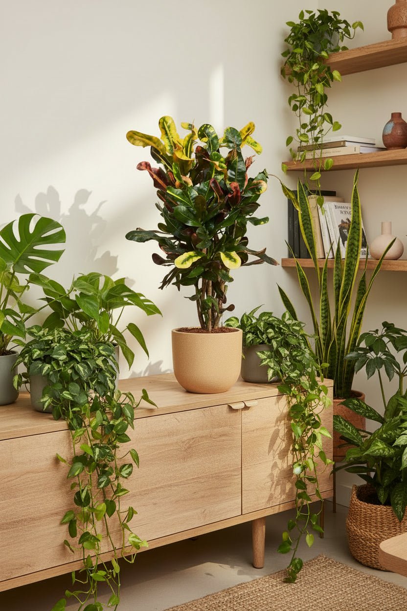 Croton Mammi rodeado de muchas plantas sobre un mueble bajo