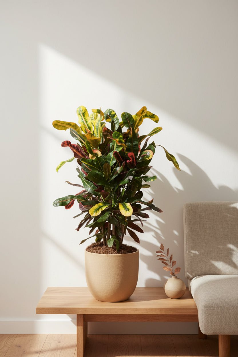 Croton Mammi colocado sobre un banco frente a una pared blanca