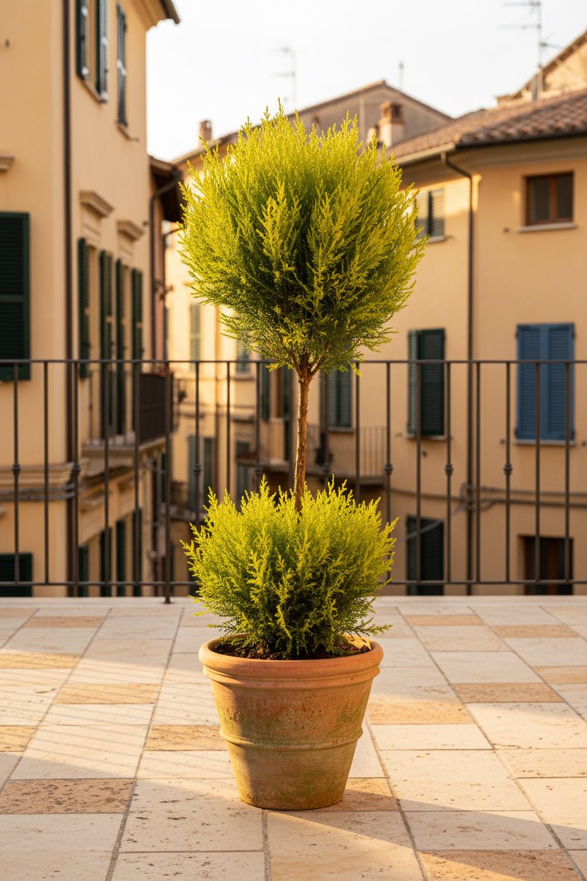 Cupressus Goldcrest Wilma topiaire double boule (Cyprès doré) — H60 cm | Pot Ø14 cm - Verdeia - 5
