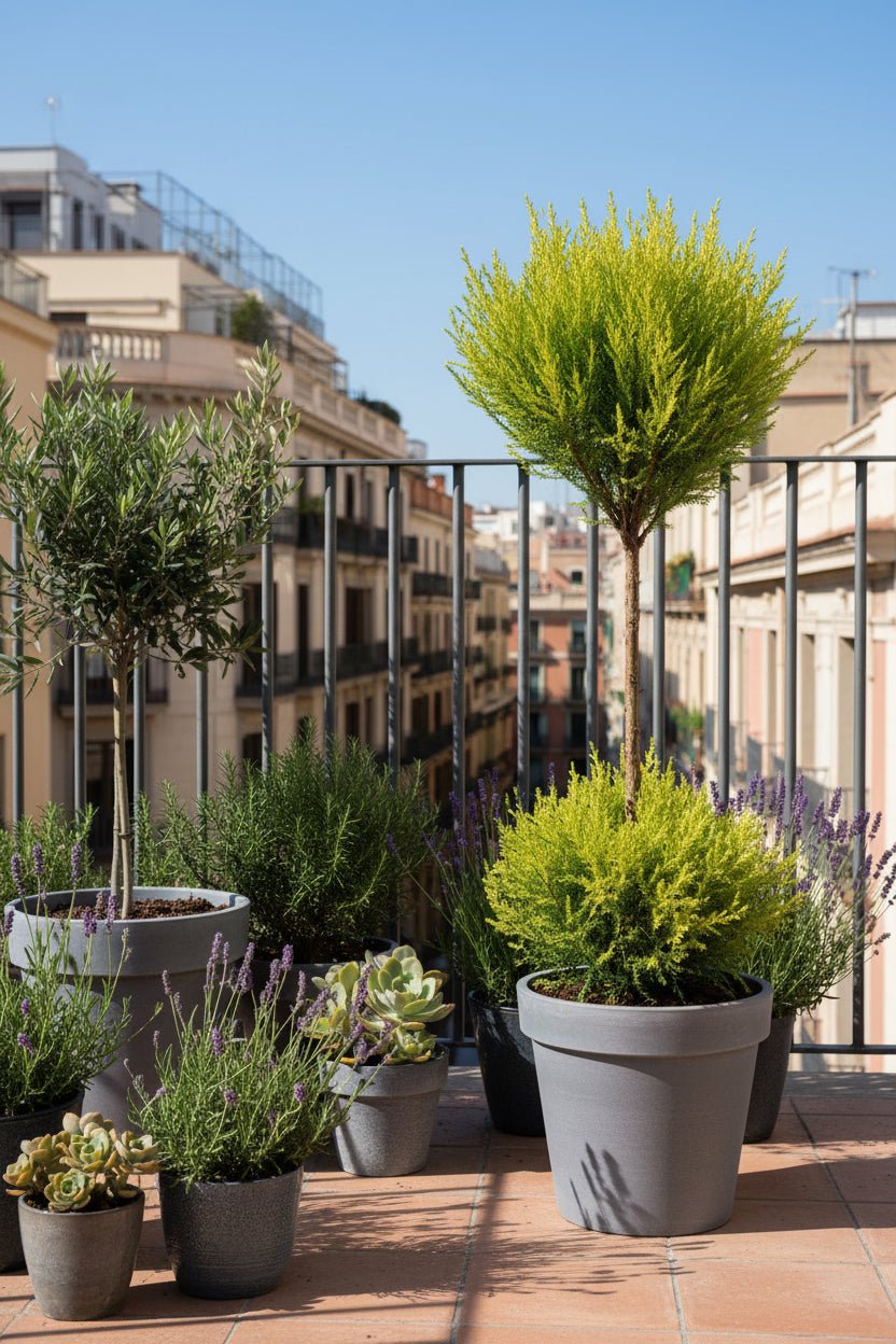 Cupressus Goldcrest Wilma topiaire double boule (Cyprès doré) — H60 cm | Pot Ø14 cm - Verdeia - 4
