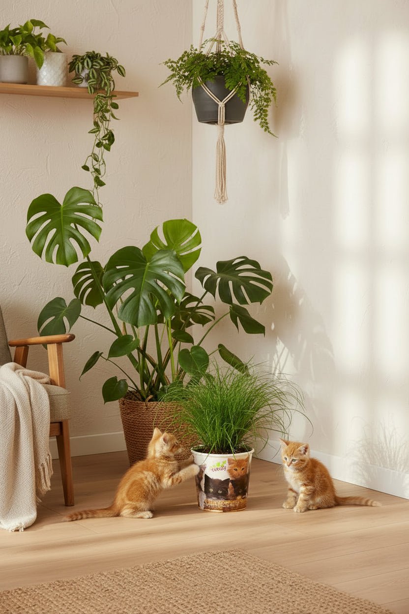 Kattengras Cyperus Zumula in zijn pot met kittens op de grond, met andere planten eromheen